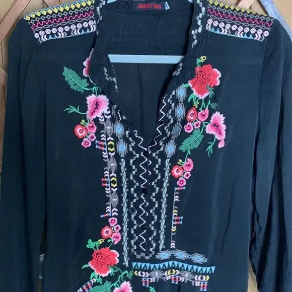 Johnny Was black embroidered floral ling sleeve cupra tunic top - Picture 3 of 9